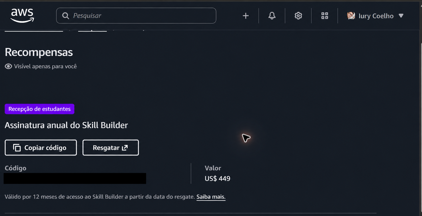 Recompensa de assinatura anual do Skill Builder com botões de copiar e resgatar